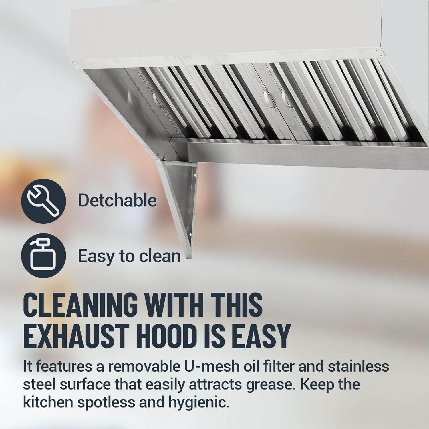 Commercial Kitchen Exhaust Hood, 5Ft Rust-Resistant 201 Stainless Steel Vent with u-Shaped Baffle Filters, No Electricity Required for Safe Grease Extraction, for Restaurant, Food Truck & Kitchen