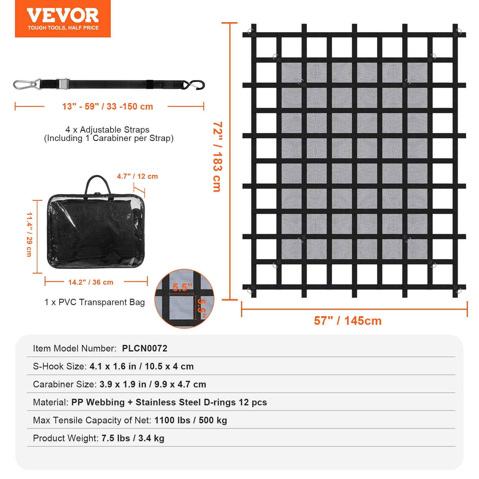 VEVOR Rete di Carico, 1830 x 1450 mm Rete di Carico per Camion ad Alta Resistenza per Cassone di Camion, 4 Cinghie Regolabili, Moschettoni e Ganci a S, Resistente all'Usura e alle Intemperie, per SUV