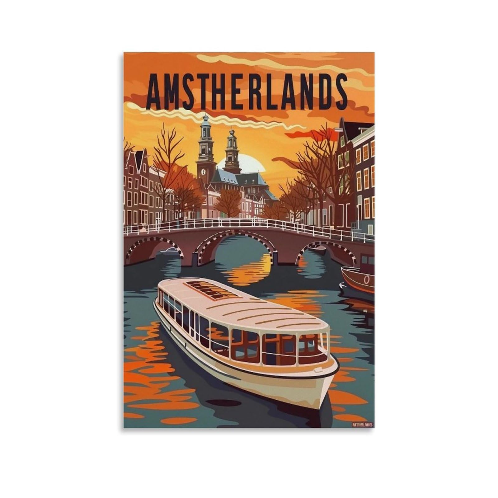WHOUHJYE Amsterdam Canal Sunset 01 Poster Wall Art Canvas Vintage Aesthetic Painting Decor for Rooms 20x30inch Unframe-style