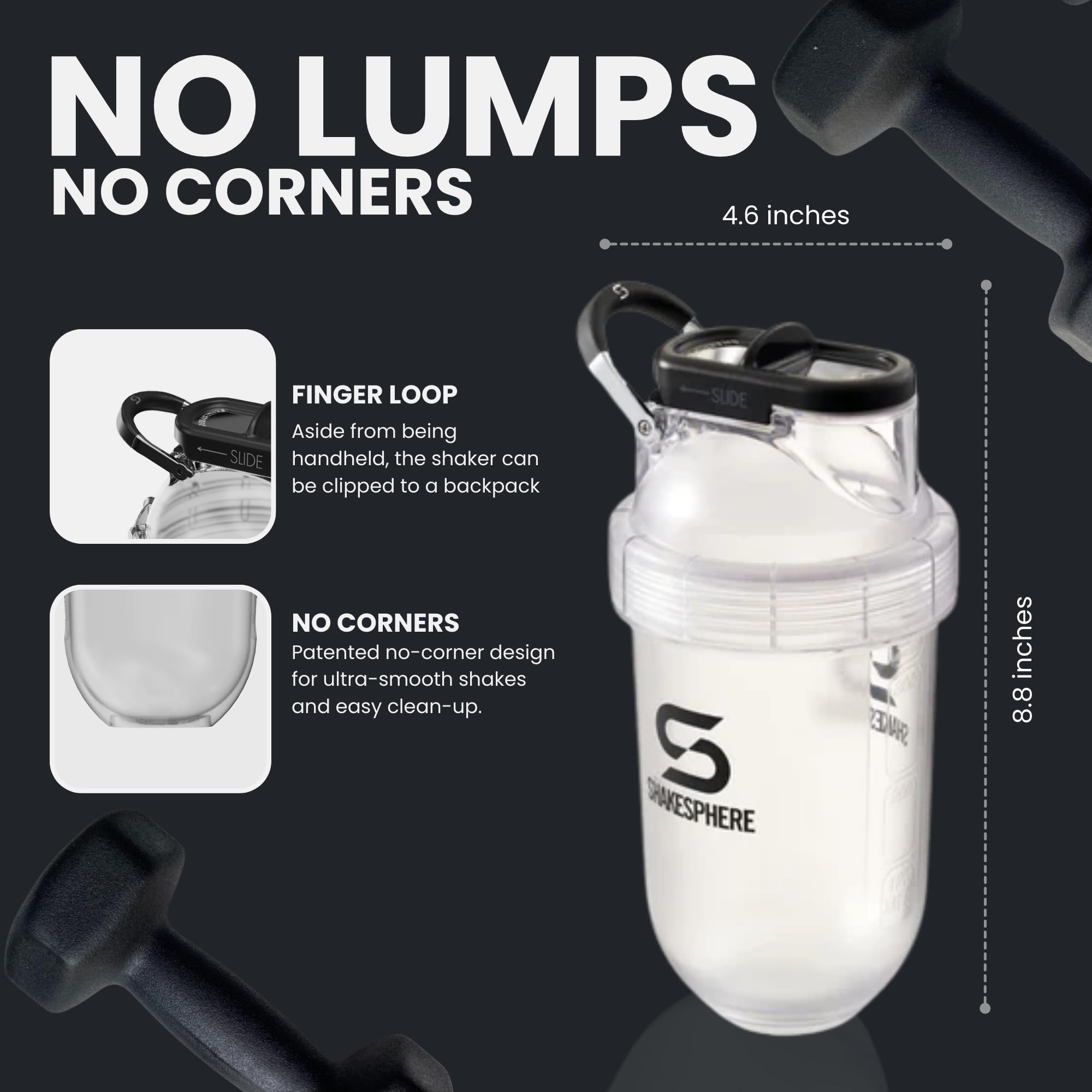 SHAKESPHERE Gobelet shaker de protéines en Tritan et tasse à smoothie, 710 ml, mélangeur sans pale, purées de fruits crus sans boule mélangeuse, mélangeur à poudre pour salle de sport pré-entraînement