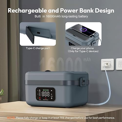 Miniatura 3 de Fiambrera eléctrica inalámbrica para adultos, hombres y mujeres, calentador de alimentos recargable con batería con contenedor de 1 litro, cuchara y