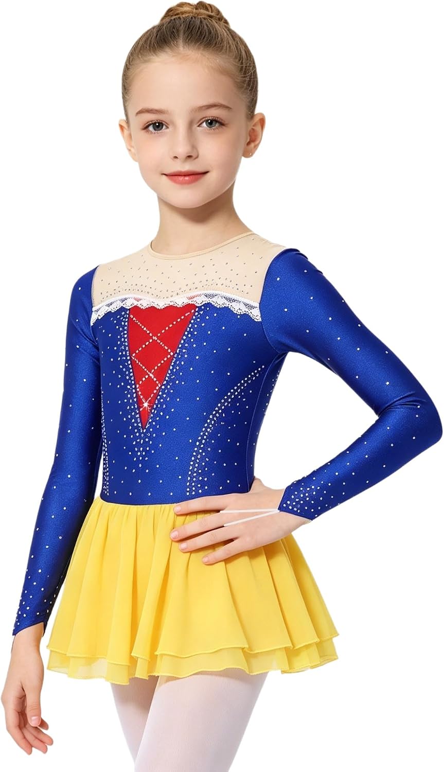 Kids Girls Tulle Skirted Princess Figure Skating Dress Sparkly Rhinestone Ballet Tutu Dancewear
