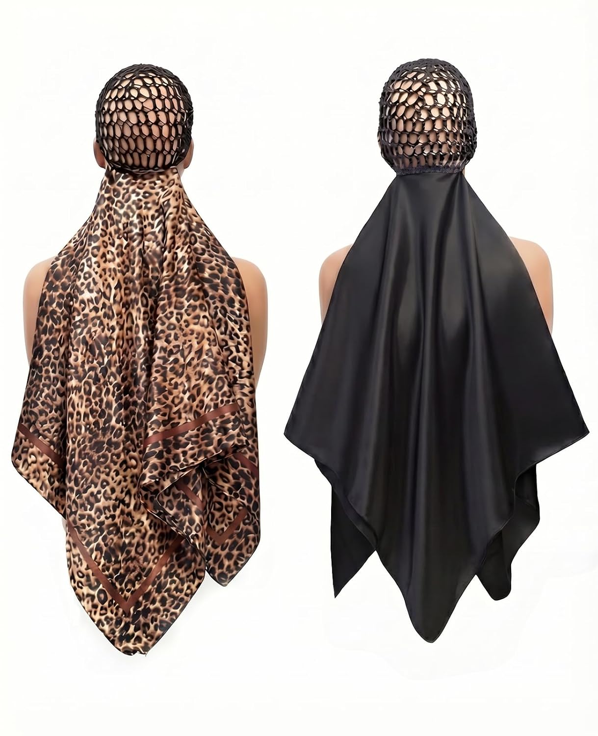 2 Packs 2-In-1 Wrap Cap Hair Net and Scarf, Silk Press Wrap Bonnet for Hair Care, Shower Cap, Neck Scarf and Fashionable Shawl (Black & Leopard Print)