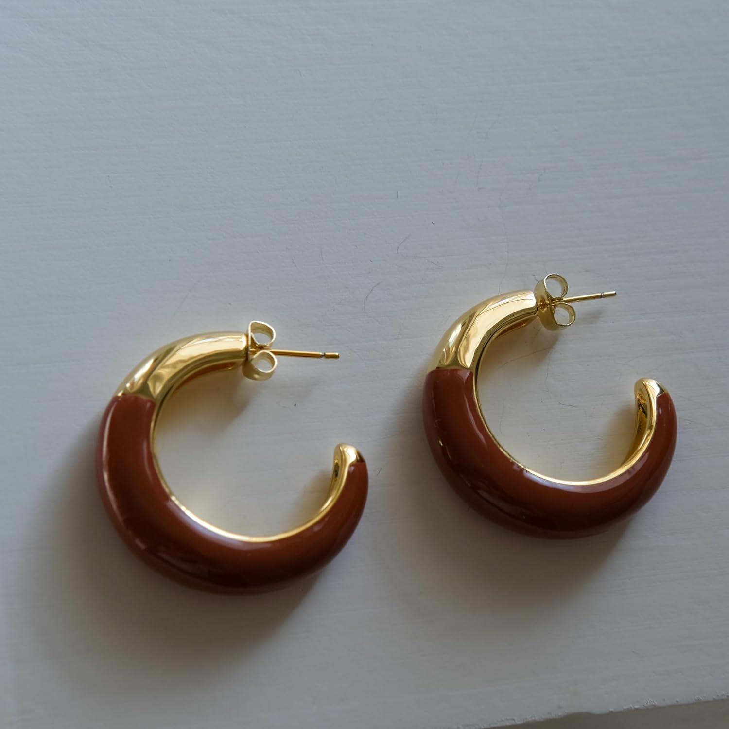 LEMON GRASS Two Tone Enamel Hoop Earrings | Burgundy & Gold Hoops, 1 1/2'' - Image 3