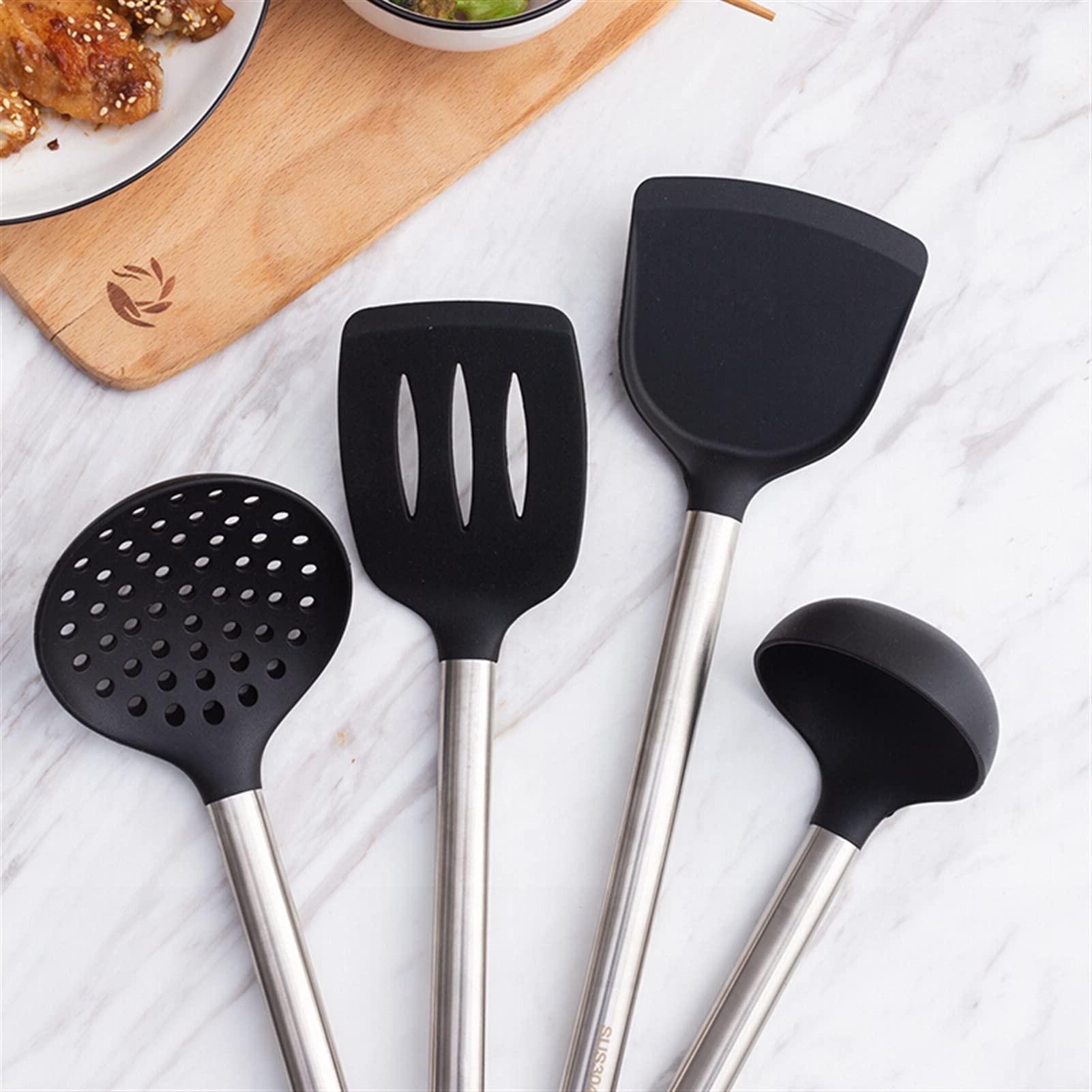 Raspador de Silicona 4 Piezas Espátula de Silicona de Acero Inoxidable Utensilios de Cocina Resistentes al Calor Utensilios de Cocina Ideales para Huevos y，