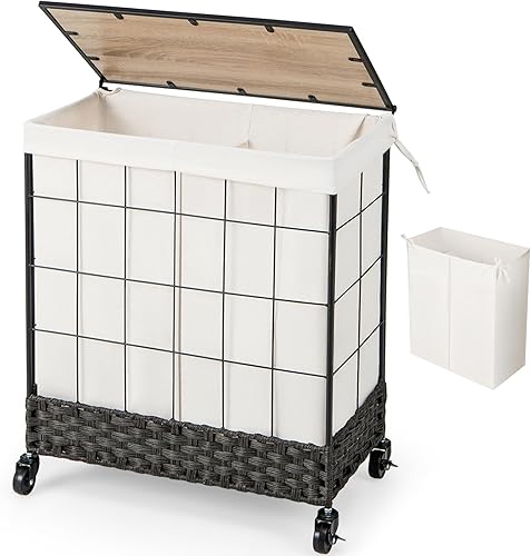 Giantex Cesta de lavandería con ruedas y tapa, clasificador de lavandería resistente de 110 litros con bolsa extraíble y tapa de madera, cesta de disponible en Yaxa Venezuela