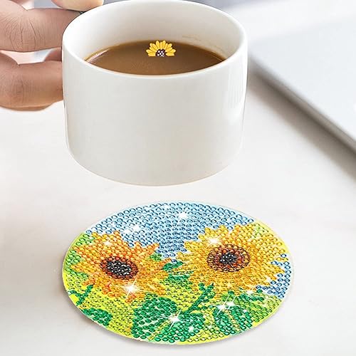 Miniatura 5 de Volmop Juego de 8 posavasos de pintura de diamante de girasol con soporte, posavasos de arte de diamantes 5D de taladro completo, posavasos redondos