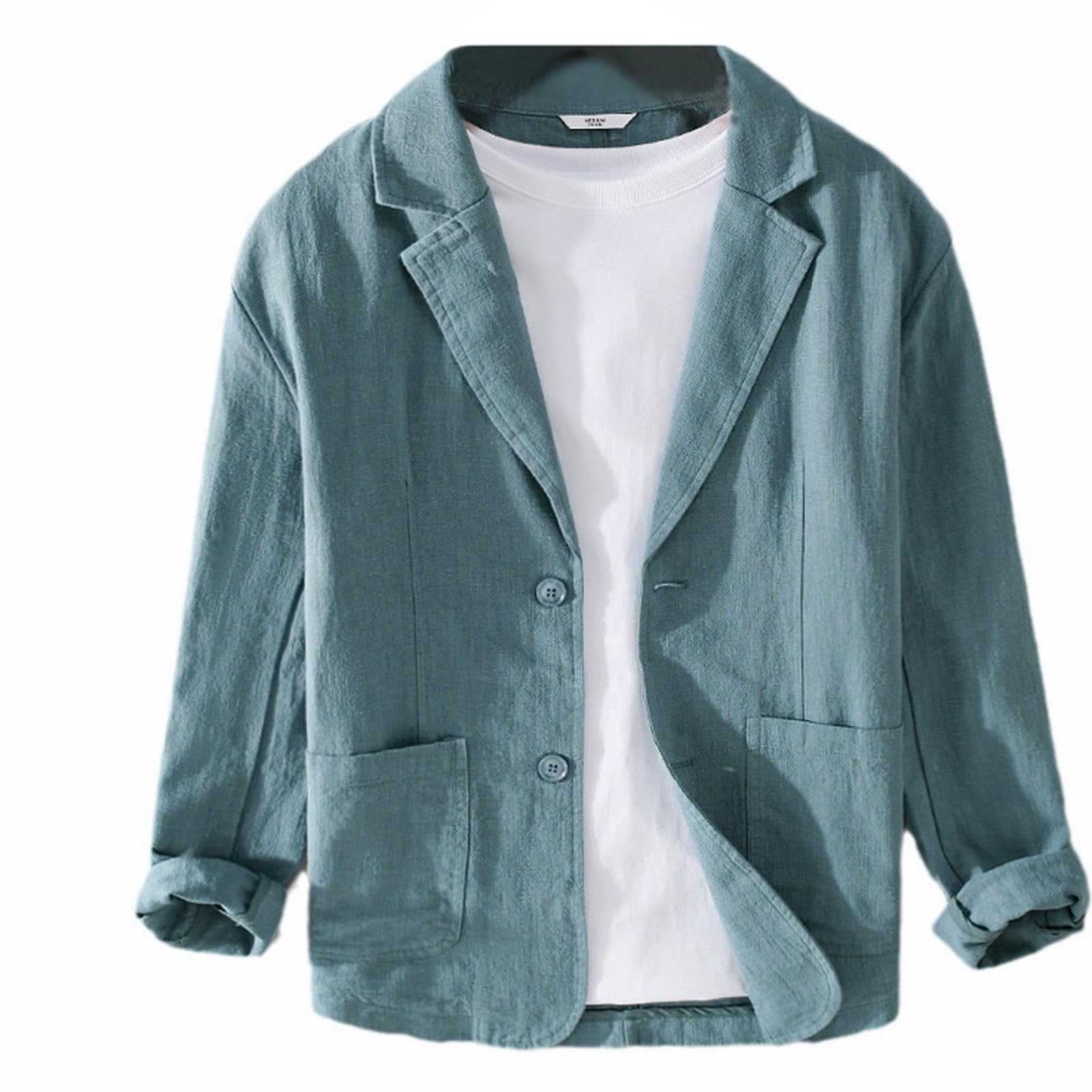 GIBZ Giacca da Uomo in Lino Primavera Estate Giacche da Abito Semplice Versatile e Ampia con Risvolto Dentellato Cappotto Blazer Sportivo a 2 Bottoni con Tasca