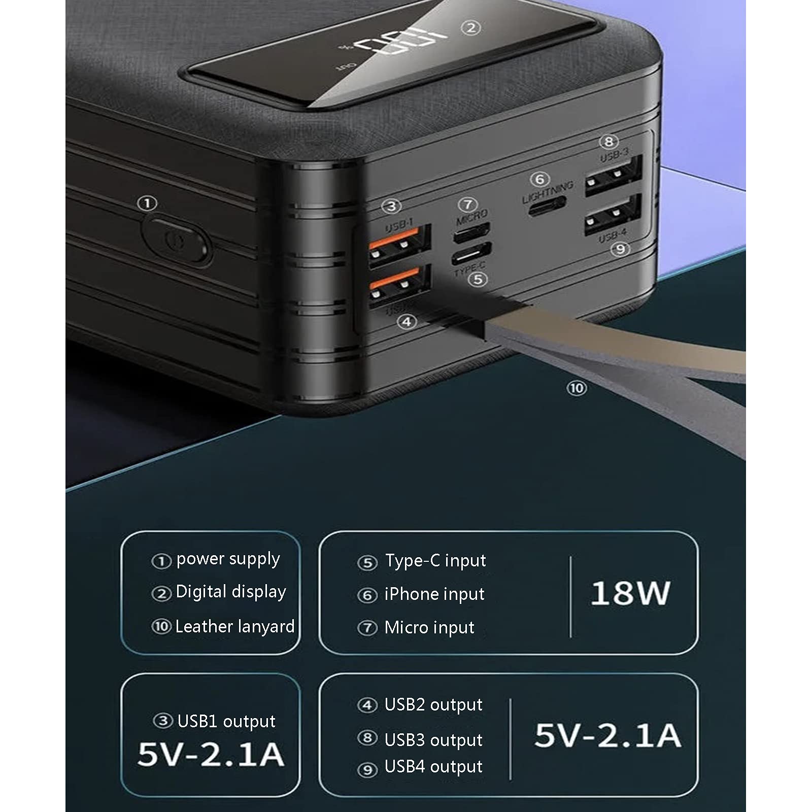Powerbank, przenośna ładowarka 10 0000 mAh z wyjściami i wejściami, szybka ładowarka do iPhone'a z latarką, zewnętrzny akumulator USB-C o bardzo dużej pojemności (rozmiar: czarny, kolor: 80000