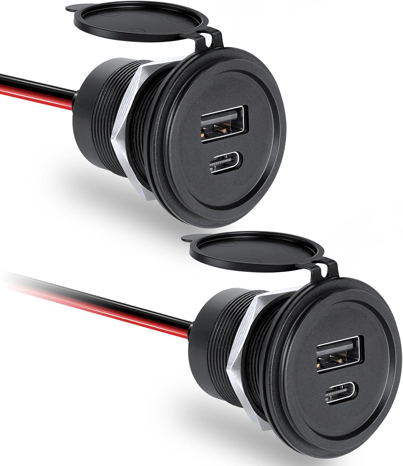 12V USB Outlet 30W PD USB-C & 18W QC3.0 Aluminum Car Charger, Dual Fast Charging Waterproof USB Power Socket, Cigarette Lighter Replacement Accessories for Camper Van, RV, Boat, Truck (2 Pcs)