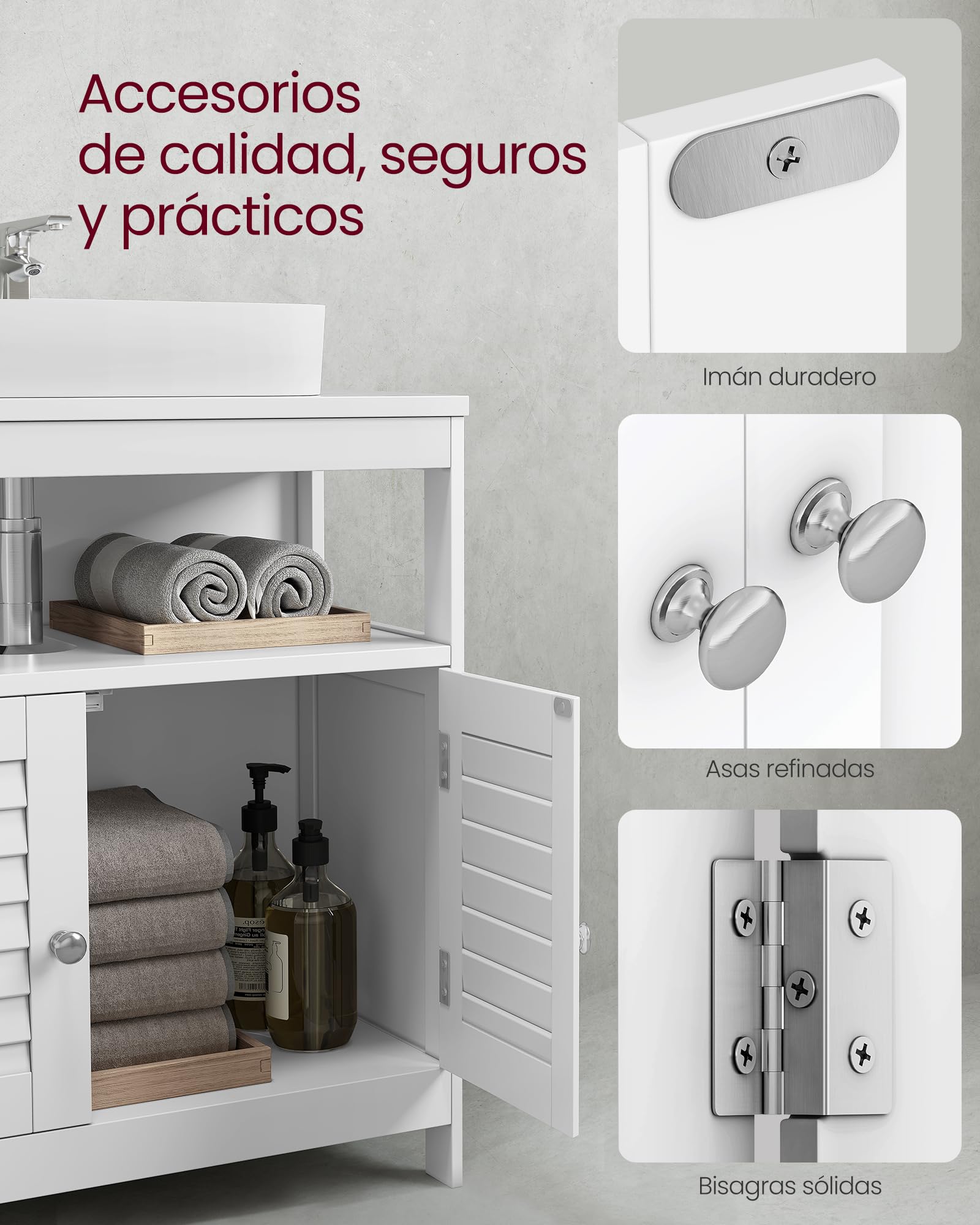 VASAGLE Mueble Bajo Lavabo, Mueble de Baño, Armario Bajo Lavabo, con 2 Puertas de Lamas, Mucho Almacenamiento, Estilo Moderno, 30 x 60 x 60 cm, Blanco BBC02WT