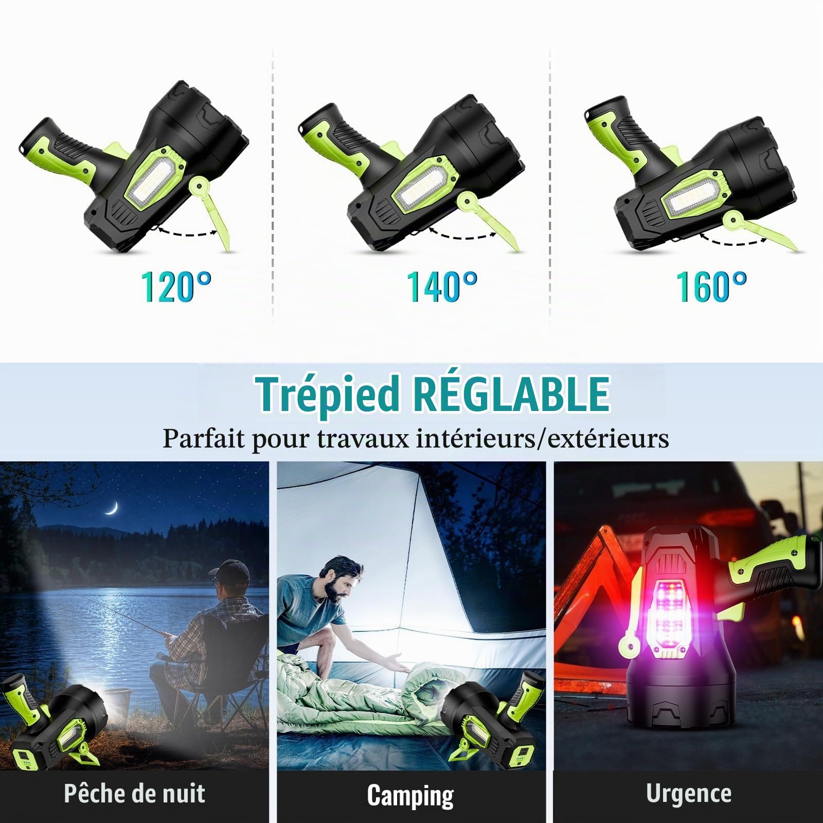 taoquwe Projecteur rechargeable, 200 0000 lm, super lumineux, lampe de poche LED haute luminosité, grand projecteur d'extérieur avec trépied pliable pour bateau, camping, chasse