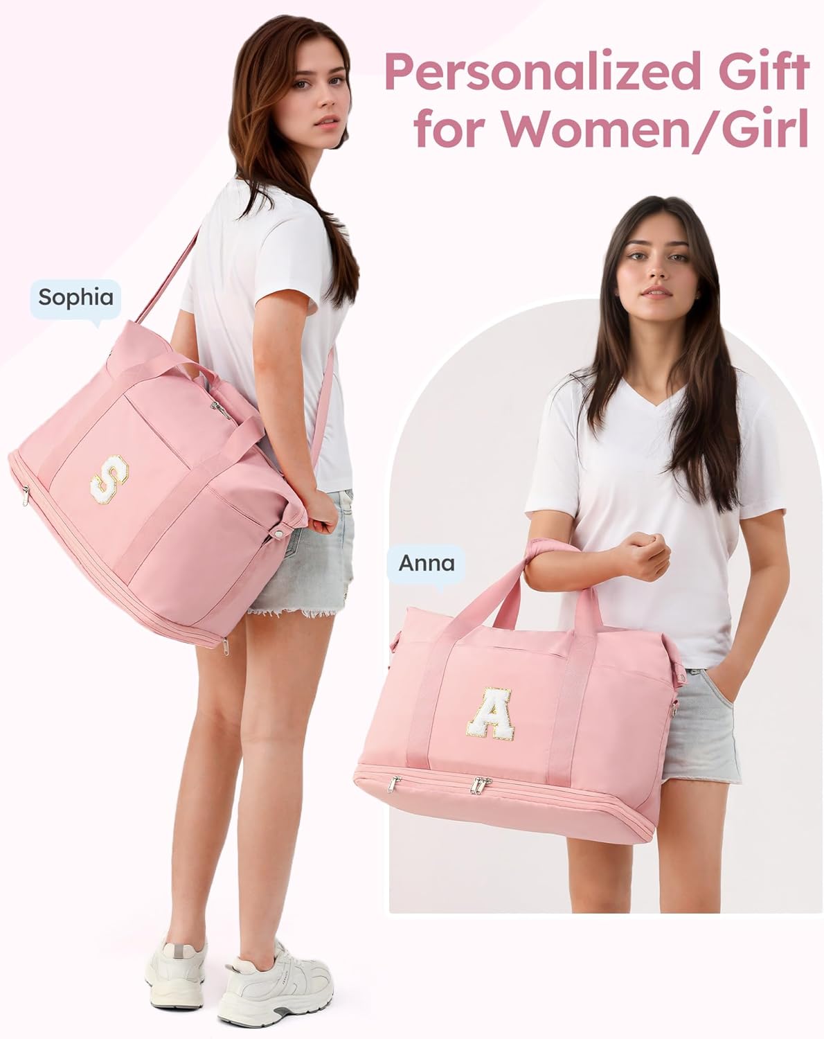 Personalized Initial Travel Duffle Bag for Women, Dance Bags with Foldable Shoe Compartment, Carry-On Weekender Duffel, Gifts for Teenage Girls, Water Resistant, Pink Letter J - Image 6