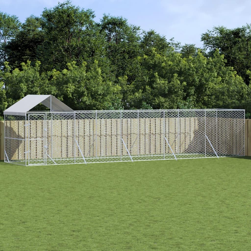 Zewnętrzna hodowla dla psów z dachem, 10 x 2 x 2,5 m, ocynkowana stal, dla psów, szczeniaków, zwierząt domowych, srebrna, odporna na warunki atmosferyczne, bezpieczny kojec dla królików i kaczek