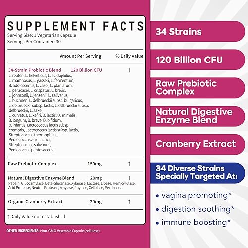 Miniatura 2 de Probióticos para mujeres, 120 mil millones de UFC, 34 cepas, prebióticos, enzimas digestivas, arándano, probiótico femenino 4 en 1, digestivo,