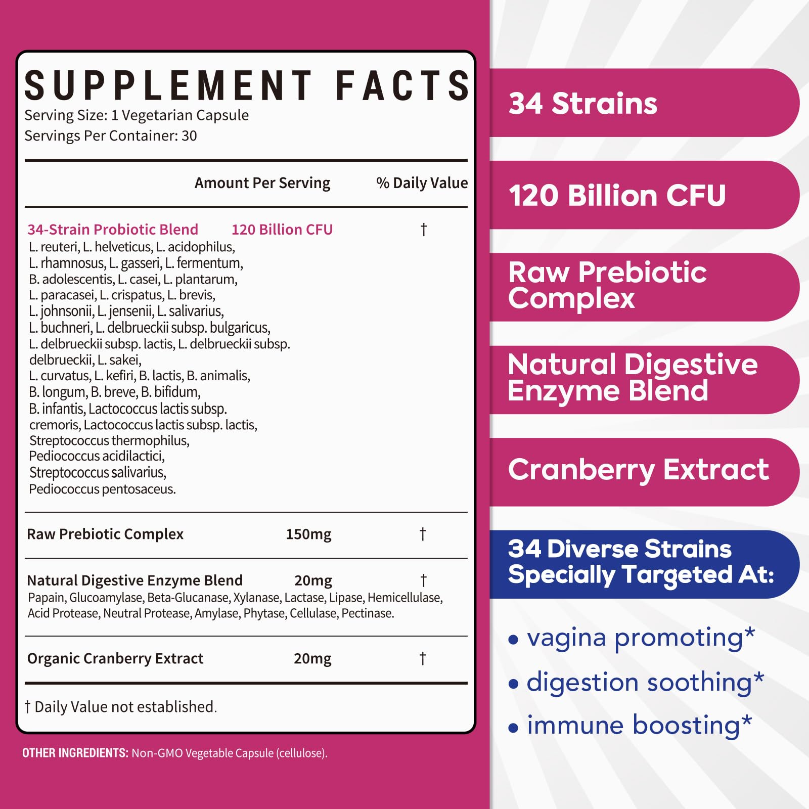 Probiotics for Women, 120 Billion CFU 34 Strains, Prebiotics, Digestive Enzymes, Cranberry, 4-in-1 Feminine Probiotic, Digestive, Vaginal, Immune Support, 60ct (Pack of 2)