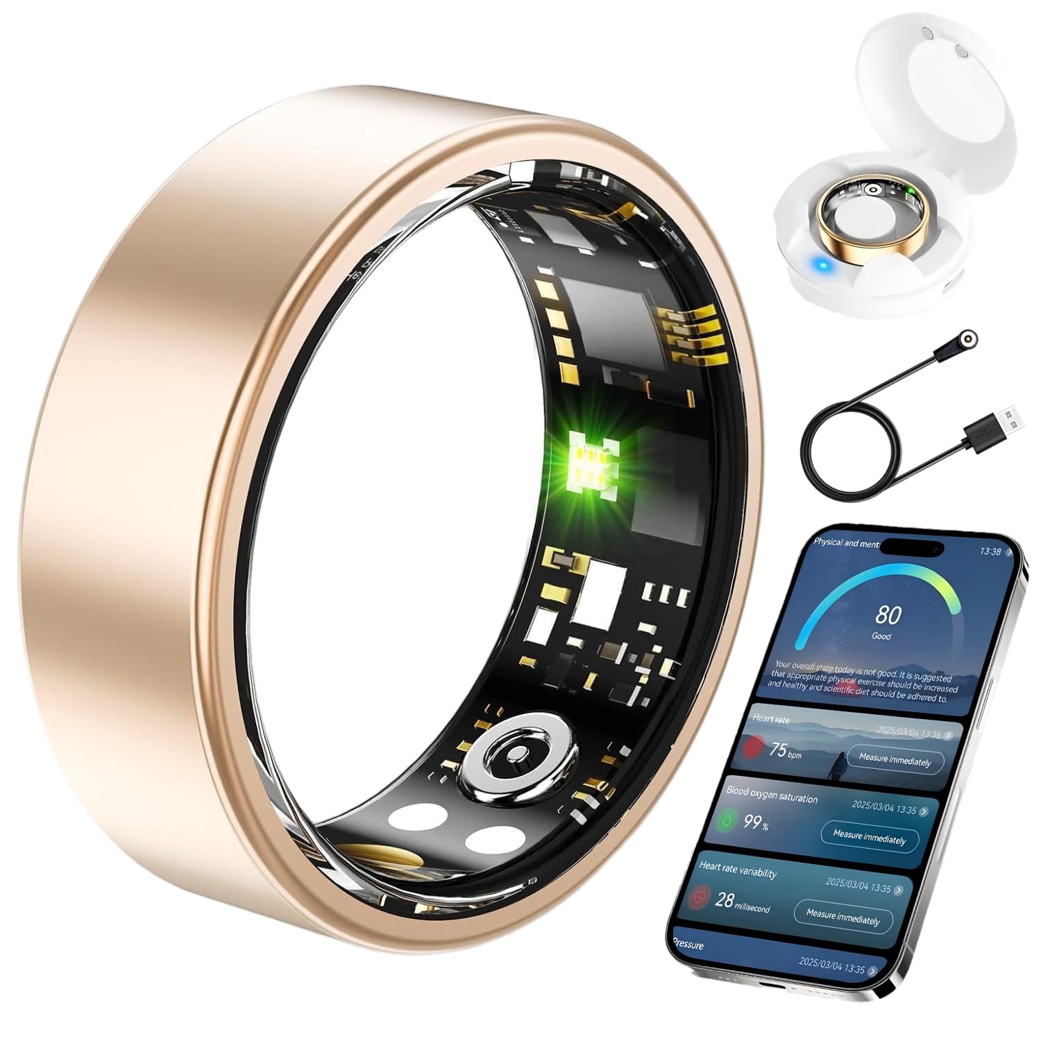 BKWAT Smart Health Ring for Men Women, Fitness Tracker Ring with Heart Rate Blood Pressure SpO2 Sleep Monitoring, 100+ Sports, Slim Stainless Steel IP68, No Subscription, iOS Android (Rose Gold, 10)
