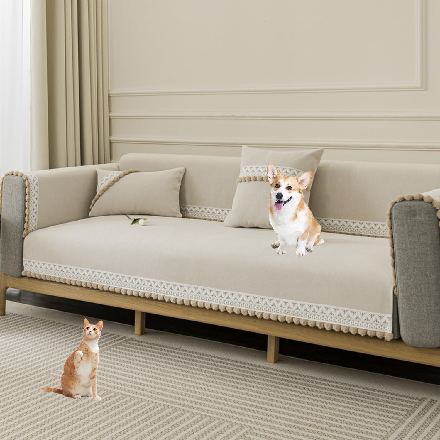 Funda de sofá seccional chenilla beige 90x90 cm protectora de mascotas
