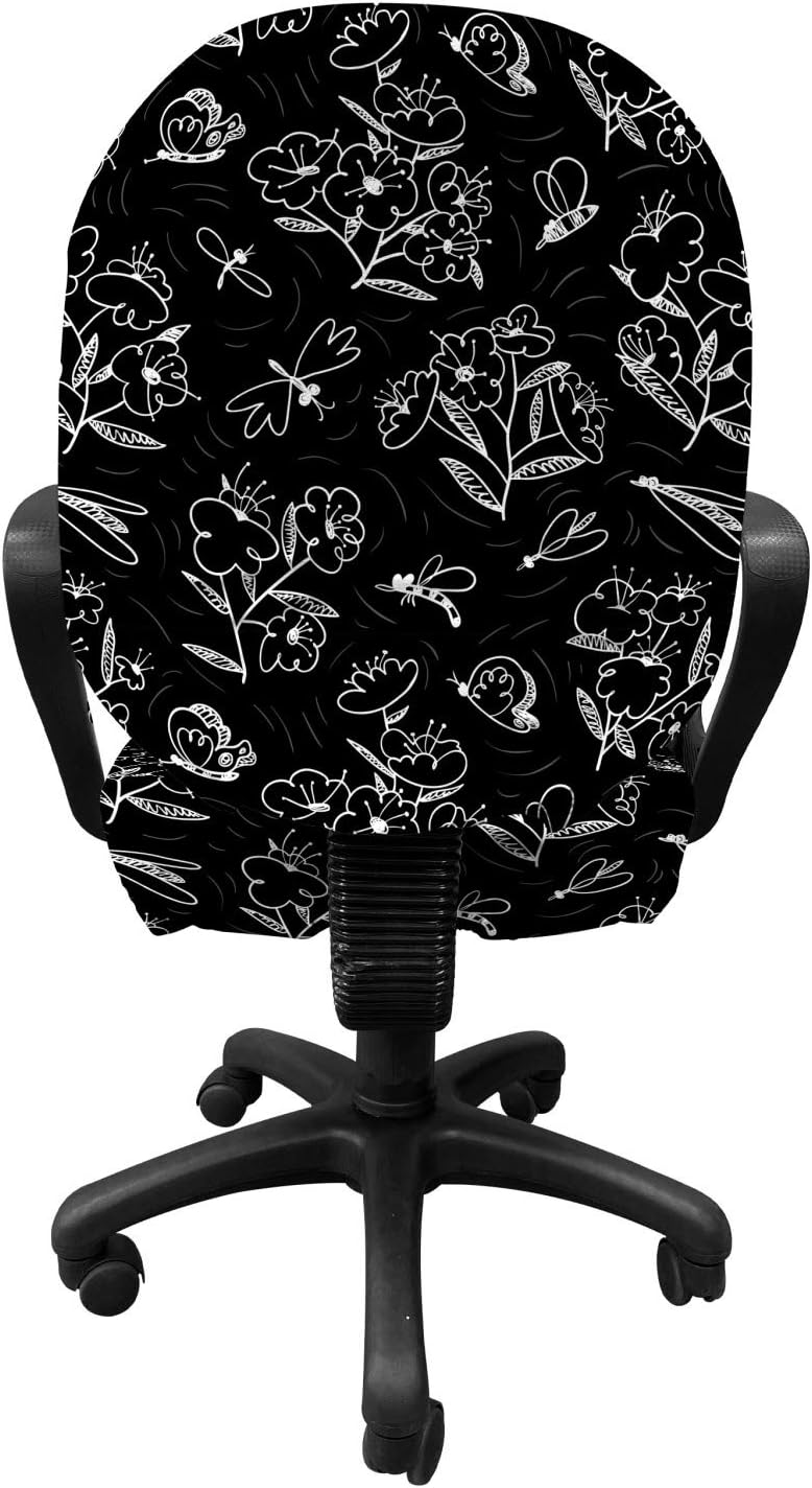 Ambesonne Botanical Office Chair Slipcover, Scribbled Hand Drawn Garden Elements Butterflies Insects and Flowers, Protective Stretch Decorative Fabric Cover, Standard Size, Grey Charcoal