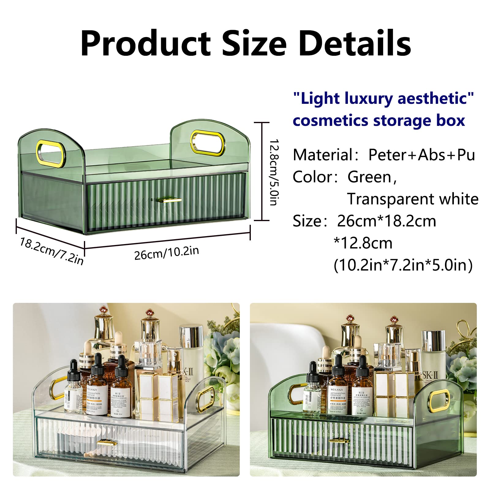 DASITON Make up Organizer mit Schubladen,Große Kapazität Skincare Organizer,Retro Badezimmer Dresser Schlafzimmer Kosmetik Organizer,Acryl Kosmetik Aufbewahrung für Schminke und Schmuck(Transparent)
