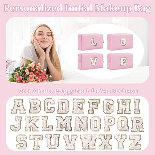 Miniatura 7 de Biileen Bolsa de maquillaje preppy inicial personalizada Pequeña bolsa de carta de chenilla de viaje linda, Letra rosa brillanteblanca
