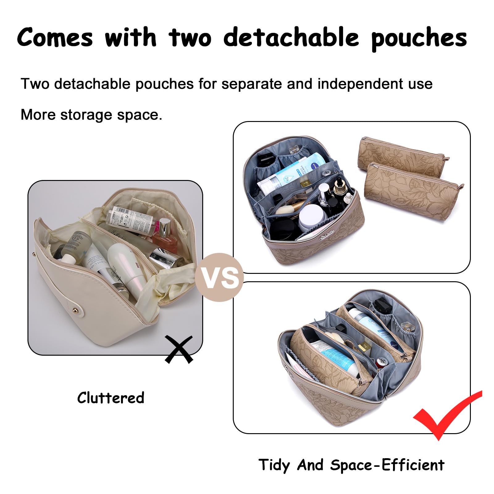 BOYATU Travel Makeup Bags Cosmetic Organizer Bag: 3-Set Large Capacity Make up Bag - PU Leather Toiletry Bags for Women - Wide Open Portable Pouch with Divider & Handle (): 02-Light Brown