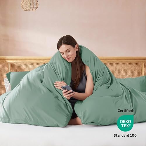 Miniatura 3 de Nestl - Juego de funda de edredón de color verde salvia y tamaño matrimonial, de suave doble cepillado, 3 piezas, con cierre de botón, 1 funda de