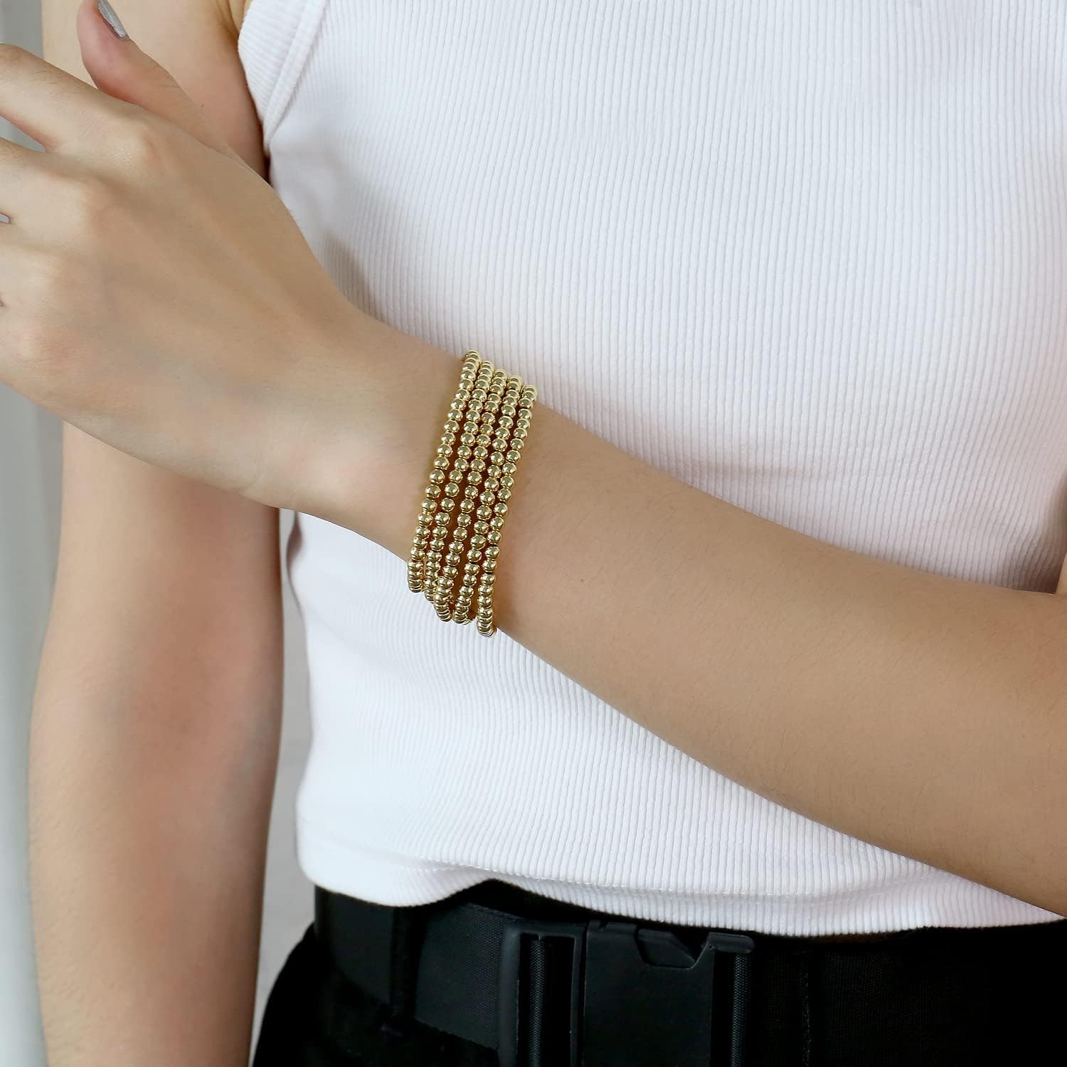 Miniatura 4 de Elegance 11 designs 14K Gold Plated Bead Ball Bracelet Stretchable Elastic Gold Beaded Bracelets for Women