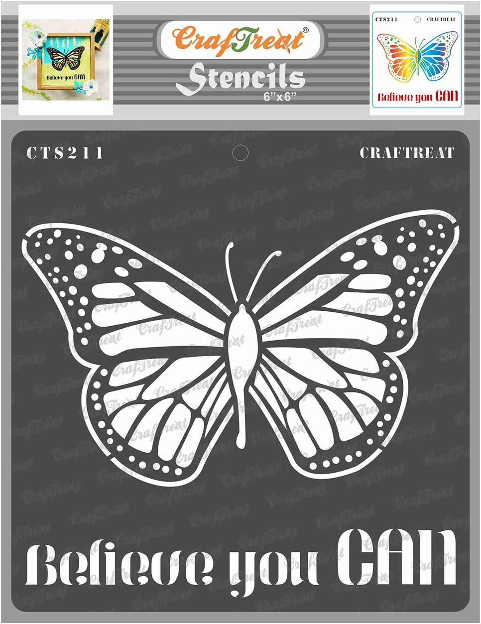 CrafTreat Butterfly Stencils for Painting on Wood, Canvas, Paper, Fabric, Floor, Wall and Tile - Believe You can - 6x6 Inches - Reusable DIY Art and Craft Stencils - Butterfly Stencil Template