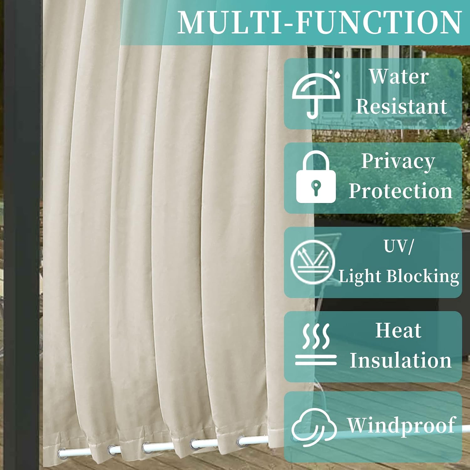 Macochico Outdoor Canvas Curtains for Patio Waterproof,Light Blocking Top & Bottom Grommets Drape, Windproof and Better Privacy for Porch,52" W 84" L,1 Panel,Beige