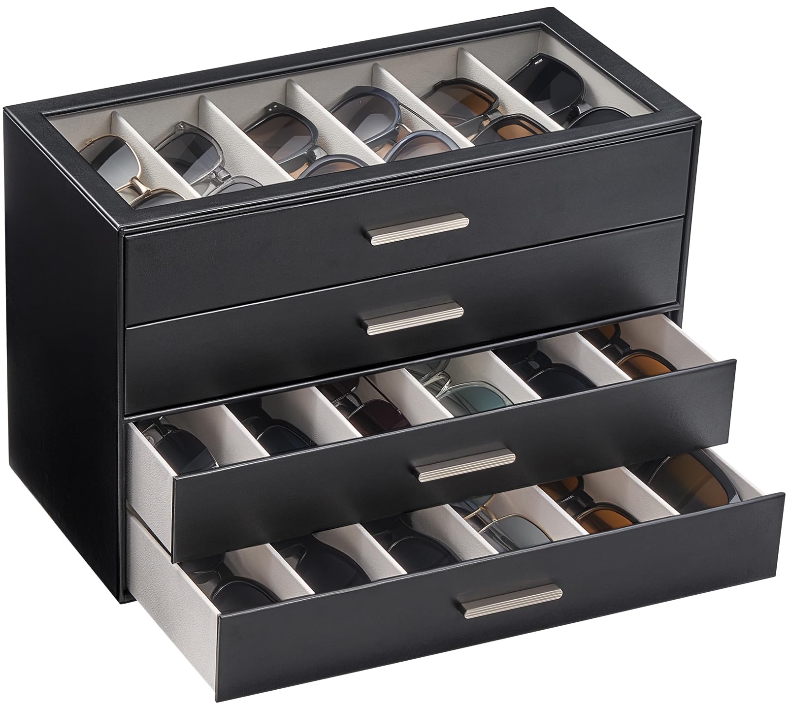 Lolalet 24 Slots Sunglasses Organizer, 4-Layer Sunglass Box with Transparent Glass Lid Display Case Storage Holder for Eyewear Eyeglass Multiple Pairs Glasses -Black