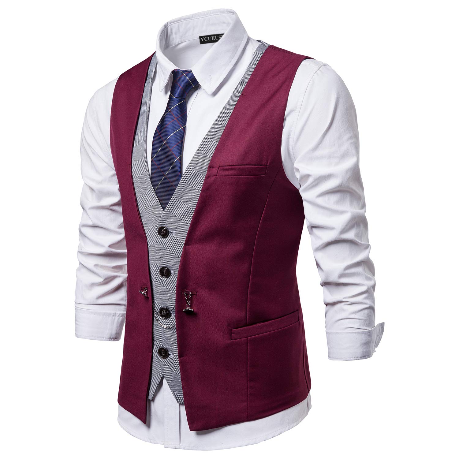 Męska kamizelka garniturowa Slim Fit Business Wedding w kratkę kamizelka garniturowa, czerwony, M
