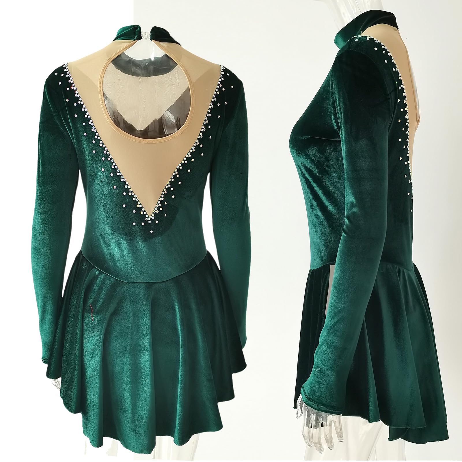 LIUHUO Ice Figure Skating Dress Girls' Elegant Red Handmade Crystal Long Sleeves Competition Performance