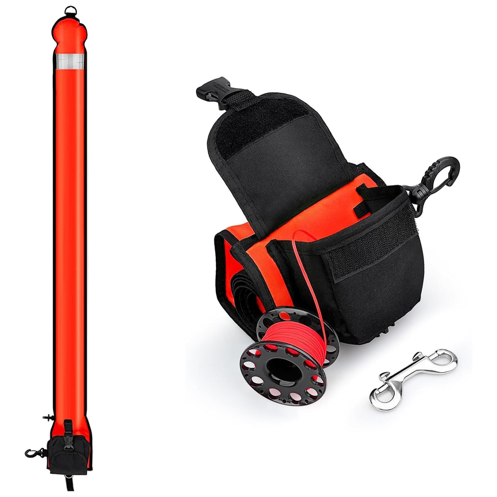 Lot de bouées de marquage de surfaces et moulinet de plongée, tube de signalisation, flotteur gonflable à fond ouvert avec sac de rangement, bouées de marquage et moulinet de plongée