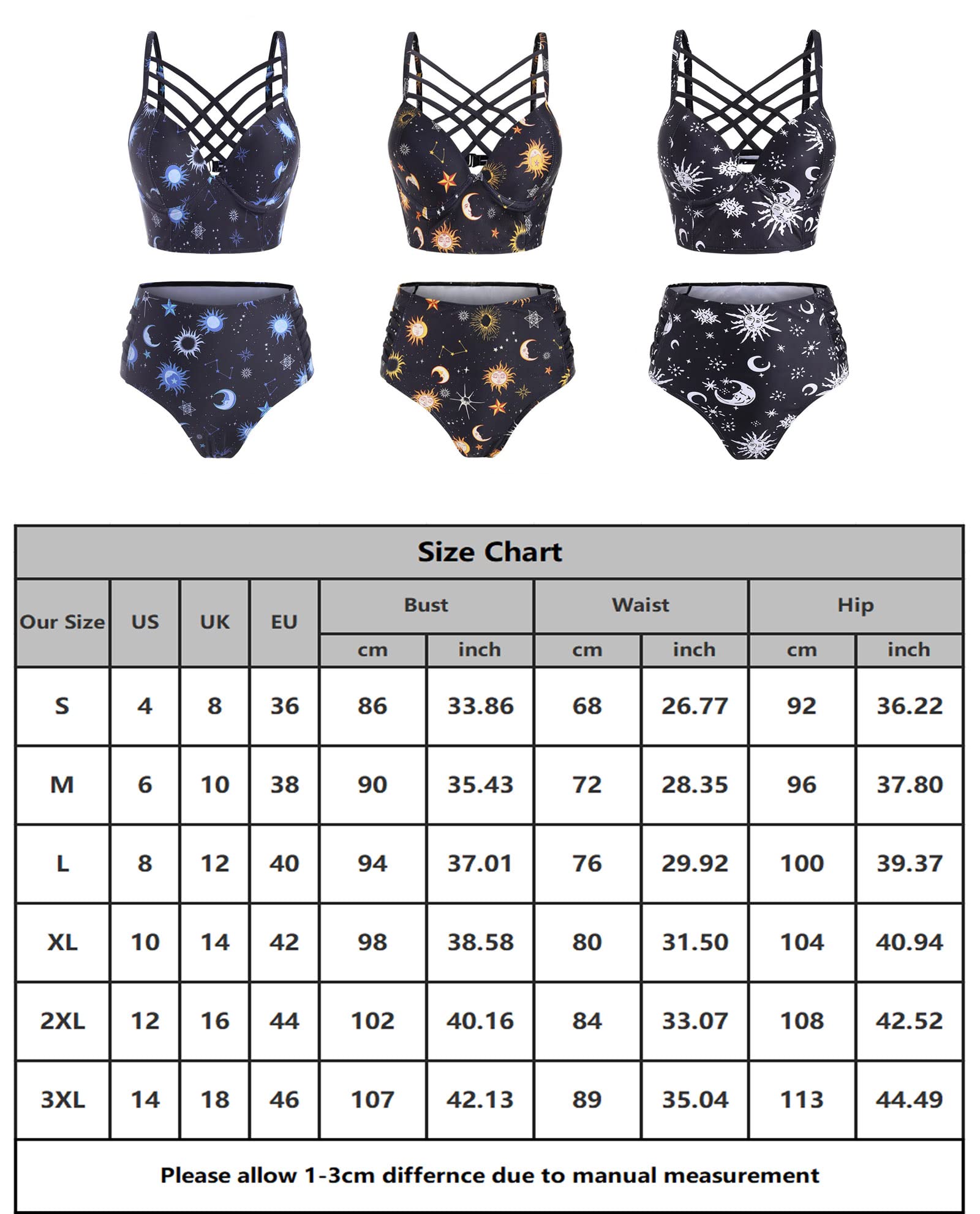 JMSUN Traje de baño de verano para mujer, diseño de sol, estrella, luna, entramado, cintura alta, tankini