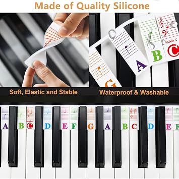 Piano Notes Guides for Beginners, Azymi Removable Keyboard Note Labels for 88/76/ 61/54/ 49/37 Keys Reusable Silicone Strips Black Larger Bold Letter for Kids