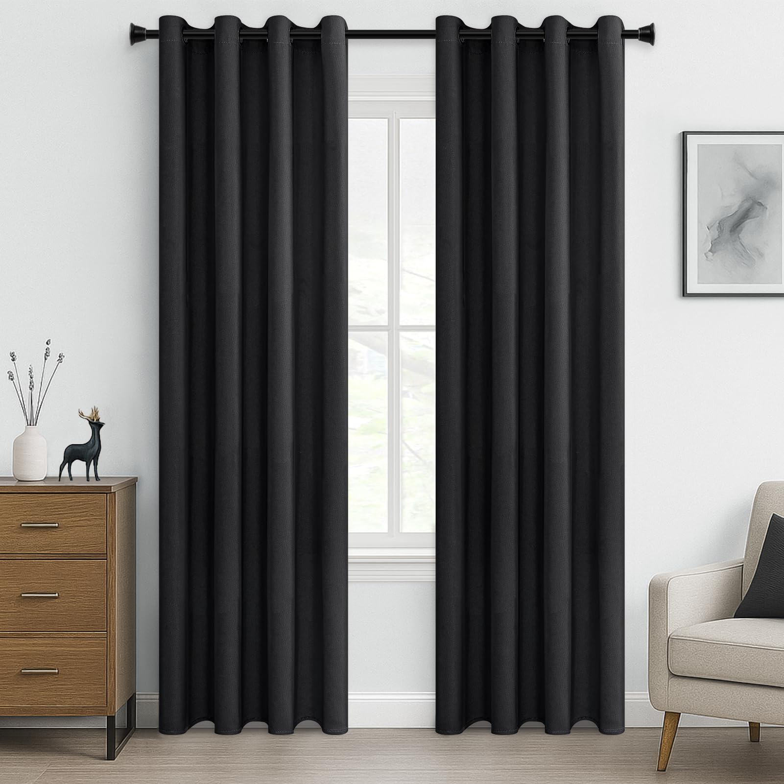 MRTREES Opaque Curtains, Thermal Curtains with Eyelets, Blackout Curtain, Eyelet Curtain, Short Modern Curtain, 240 x 140 cm (H x W), Black, Set of 2 for Hotels, Offices, Living Room, Bedroom