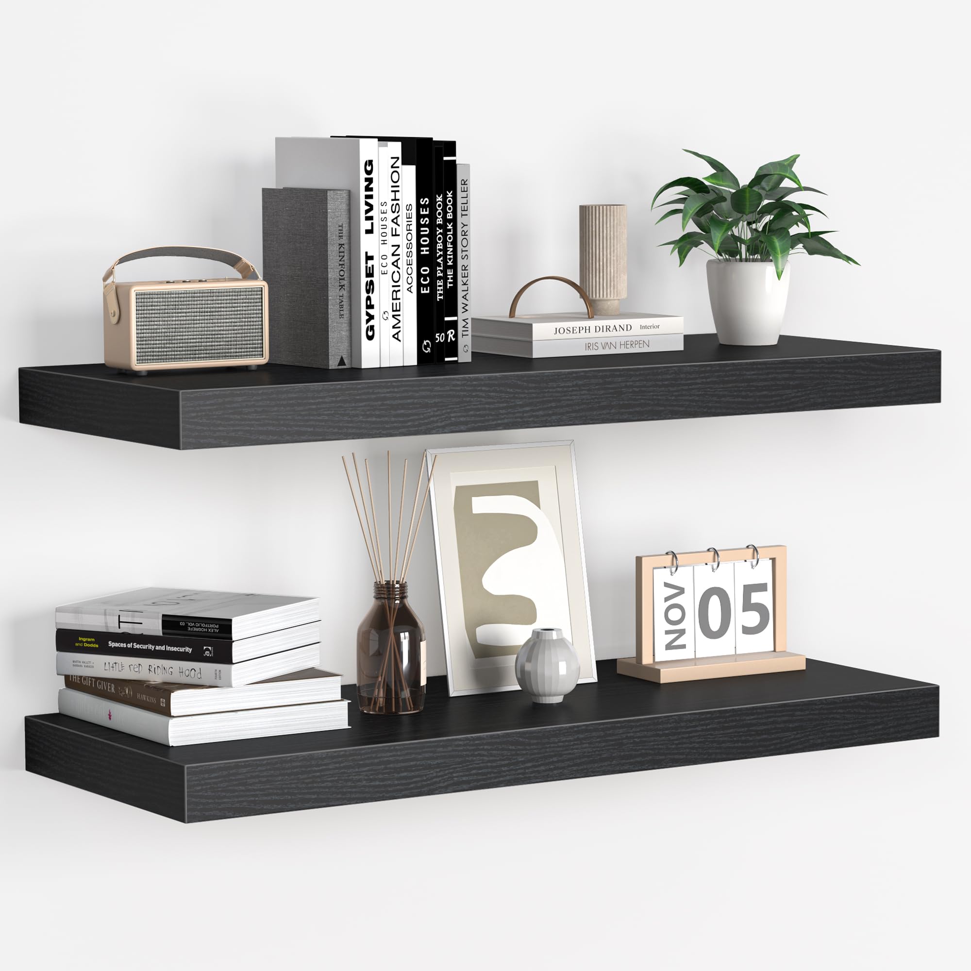 Floating Shelves - 2 Pack 9 Inch Rustic Wooden Wall Shelves - Extra Deeper & Thicker Wall Mounted Storage Shelf for Living Room, Kitchen, Farmhouse - 24" W x 9" D x 1.6" H - Rustic Black