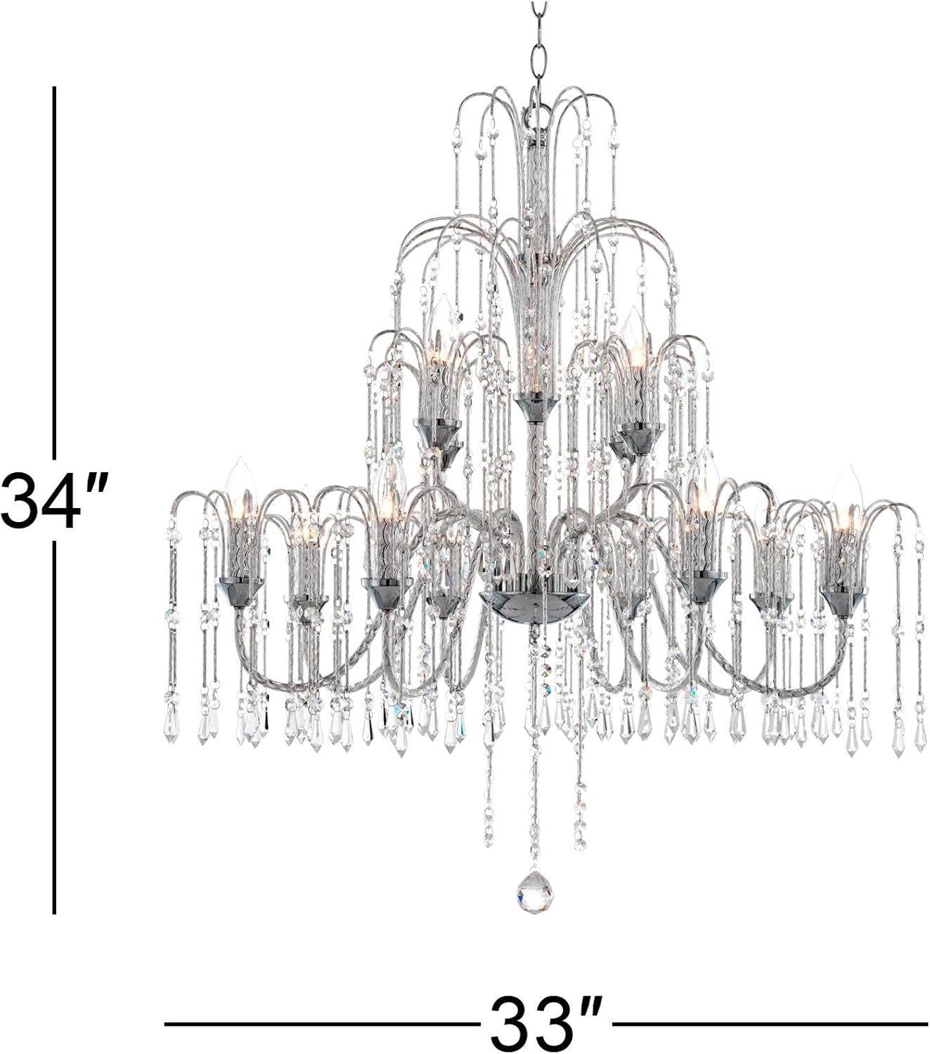 Vienna Full Spectrum Crystal Rain Chrome Silver Tiered Large Chandelier Lighting 33" Wide Traditional 12-Light Fixture for Dining Room House Foyer Entryway Kitchen Bedroom Living Room High Ceilings
