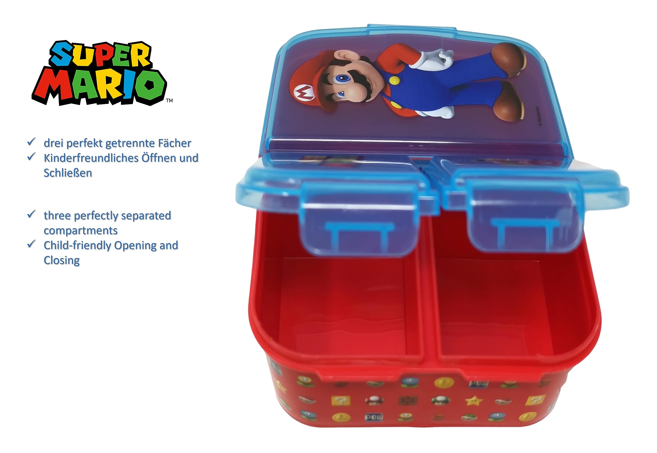 Fiambrera para niños, con compartimentos, para guardería, de plástico sin bisfenol A (Super Mario)