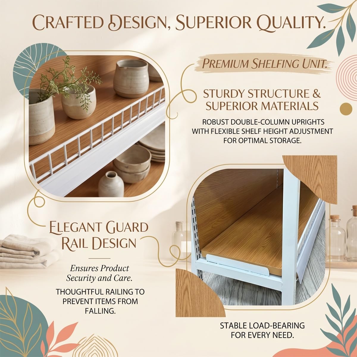 Étagère robuste pour gondole, étagère en acier grain de bois, assemblage sans outils, charge de 50 kg, étagères réglables avec protections de bords pour vente au détail et épicerie