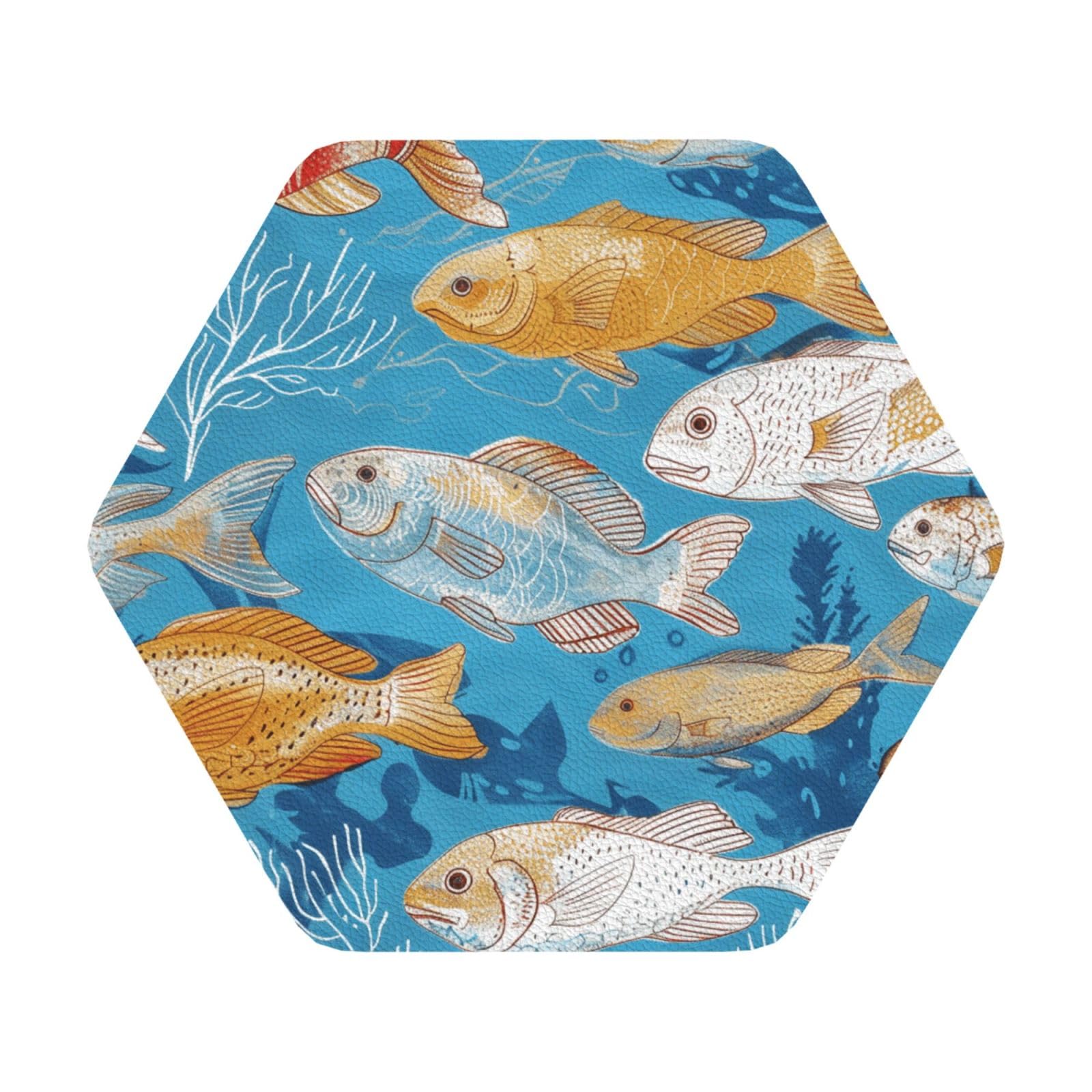 Fish Print Leather Coaster Set of 6, Hexagon Coasters Table Decorative Coffee Cup Beverage Coasters Wine Beer Bar Coasters for Hot Drinks Table Protection