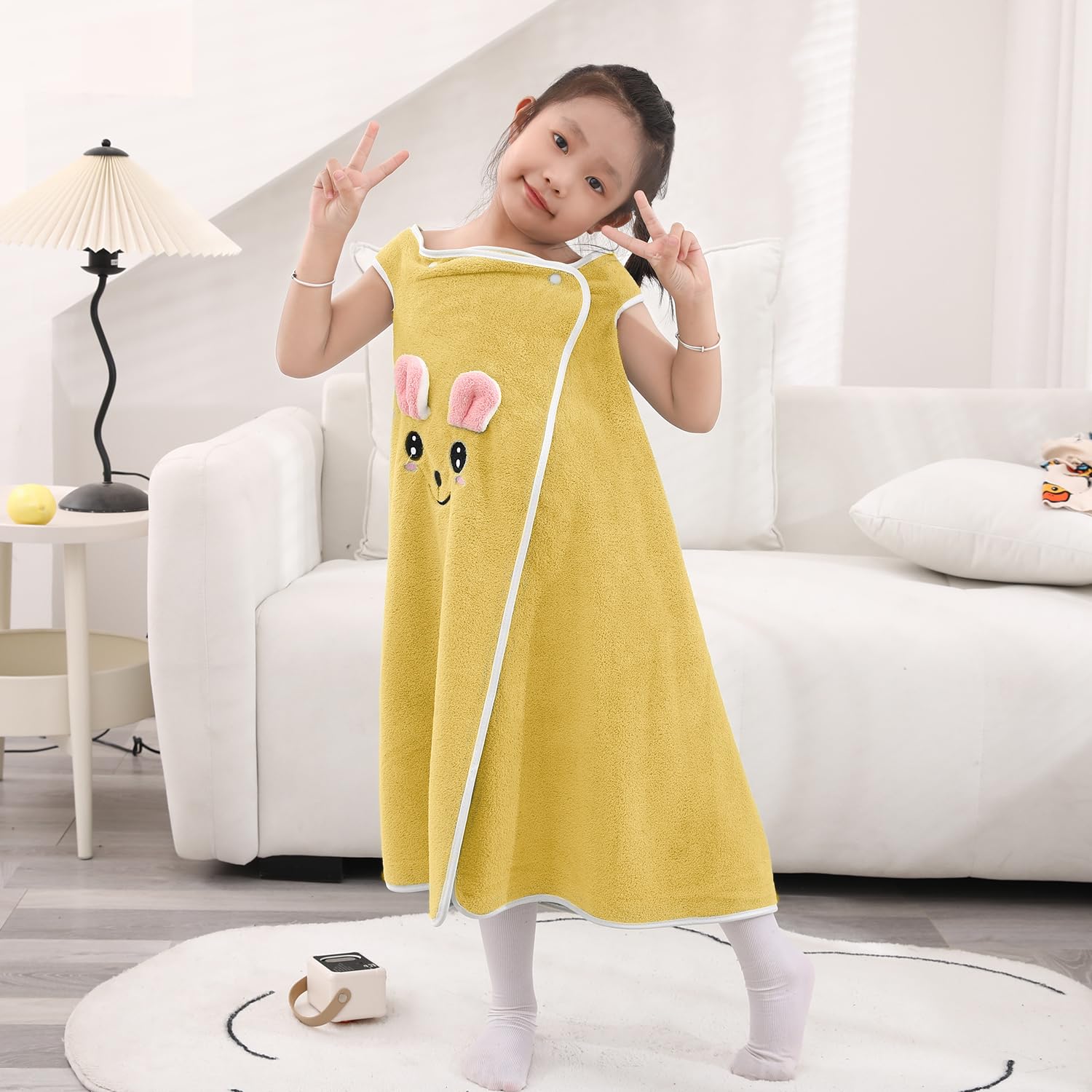 HOUSSE Rabbit Face Bath Dress for Kids 350 GSM – Wearable Spa Bathdress (65×110 cm) Soft Absorbent Quick-Dry Wrapped Bath Dress for Girls Age (7-9 Years) Gift for Daughter-Honey Yellow 3