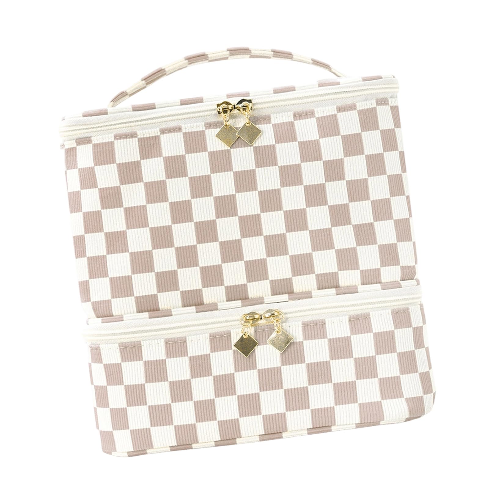 Tsophreniq Compartment Cosmetics Storage Bag Featuring Checkerboard Pattern and Soft Corduroy for Beauty Organization Vintage Framework Cosmetic Bag