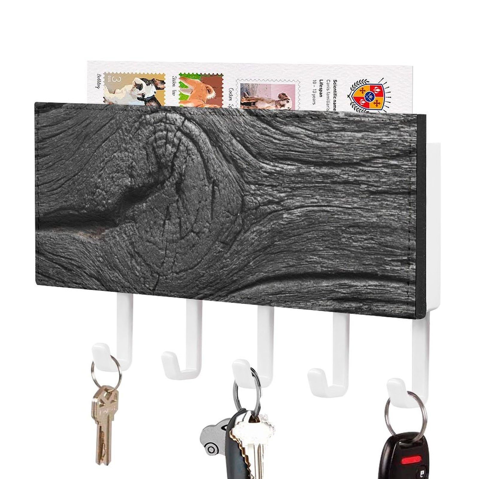 Jubonexis Retro Dark Black Wood Texture Wall Mount with 5 Hooks Acrylic Key Rack for Home Office Entryway