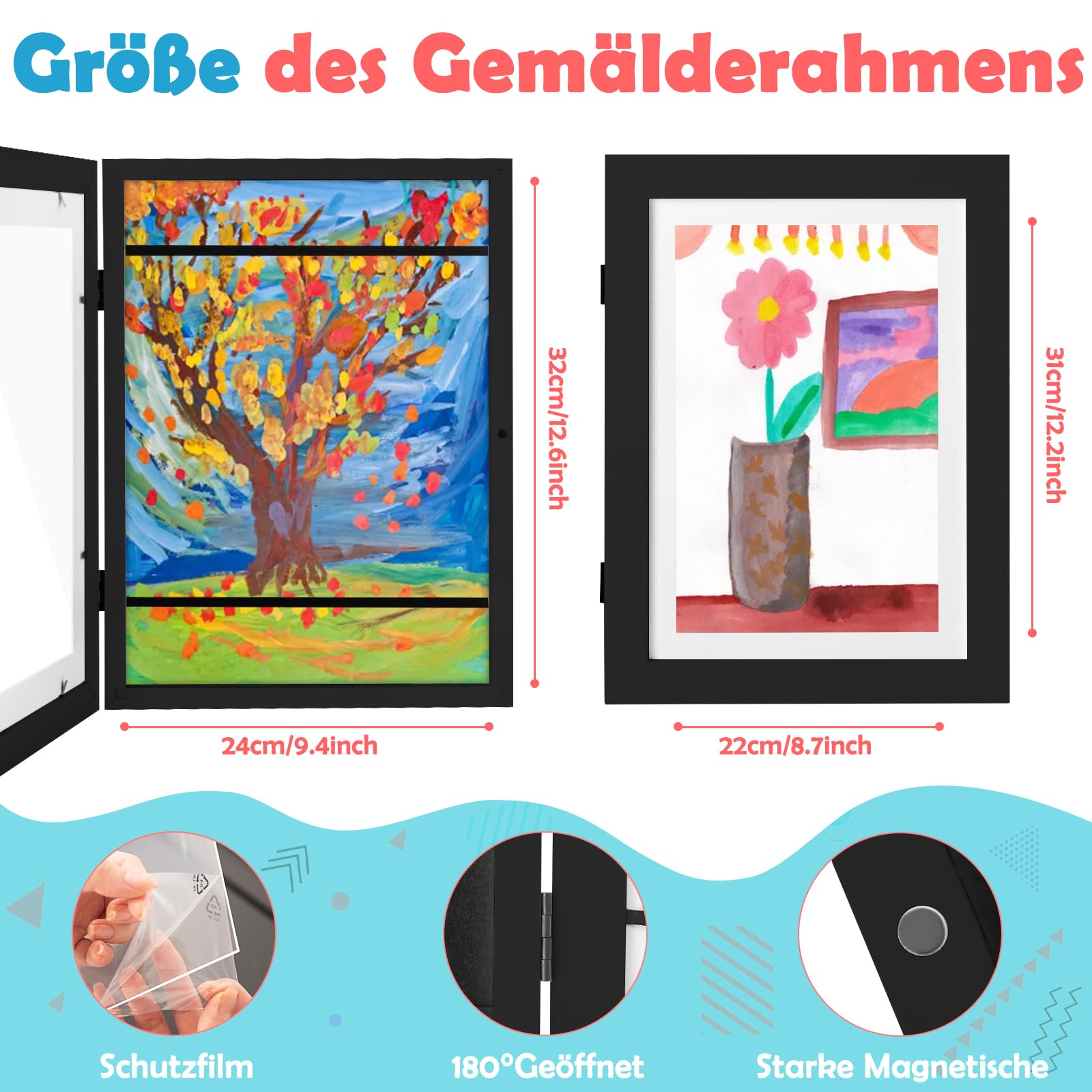 Dioxide Cadre Dessin Enfant A4, Cadre pour Dessin Enfant pour Photos D'Enfants, Cadre Photo D'art A4 Pliable Pour D'art, Photo (Noir)