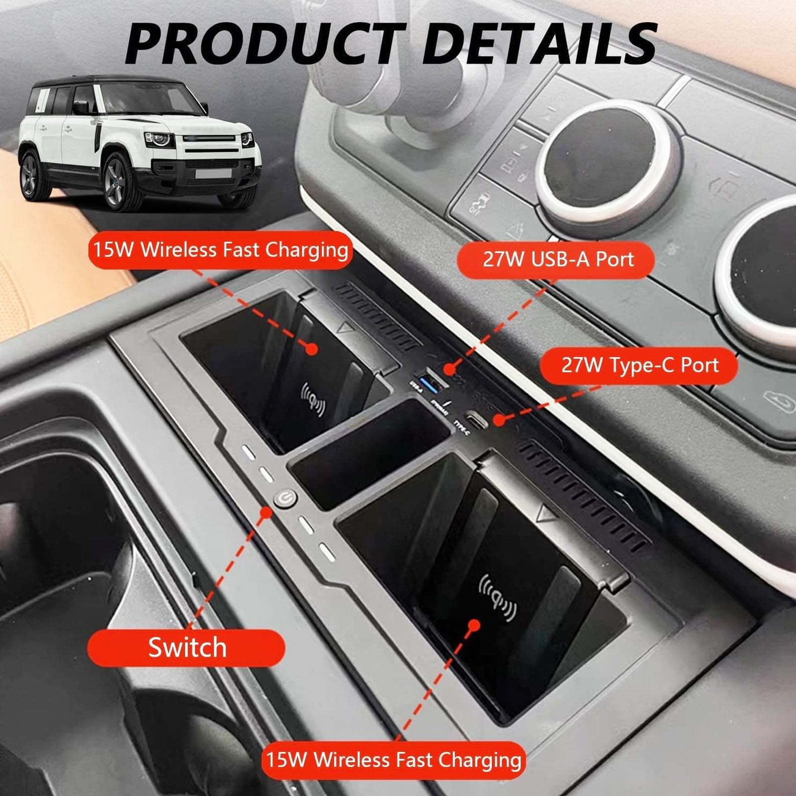 Ładowarka Samochodowa Bezprzewodowa do Land Rover Defender 2020-2025 Wszystkie Modele, Podwójna Płytka Szybkiego ładowania 15W Konsolą środkową Pudełko na Akcesoria do i-Phone Sam-sung