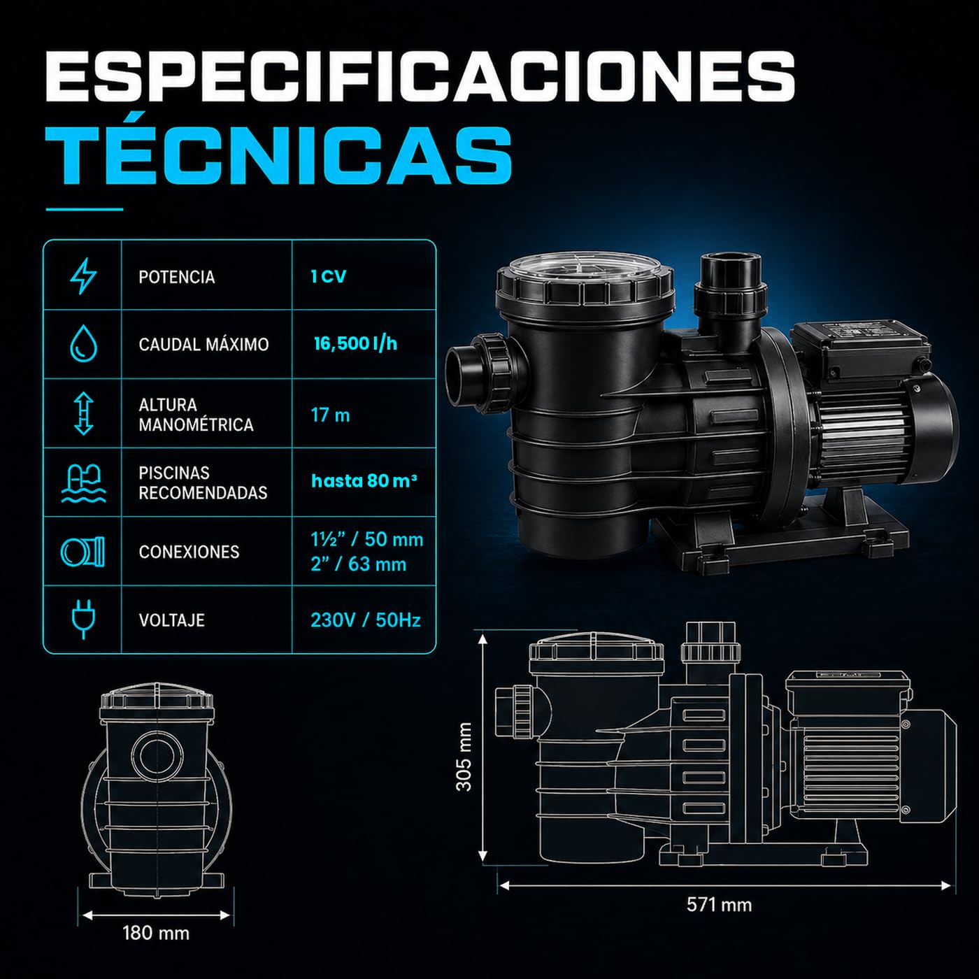 Nix Pool Bomba para Piscina Pro Max 100M Filtración 23400 L/h, Motor de Alta Potencia, Prefiltro de Gran Capacidad, Compatible con Espa Silen antigua y Espa Nox, Bomba de Piscina 1100 W
