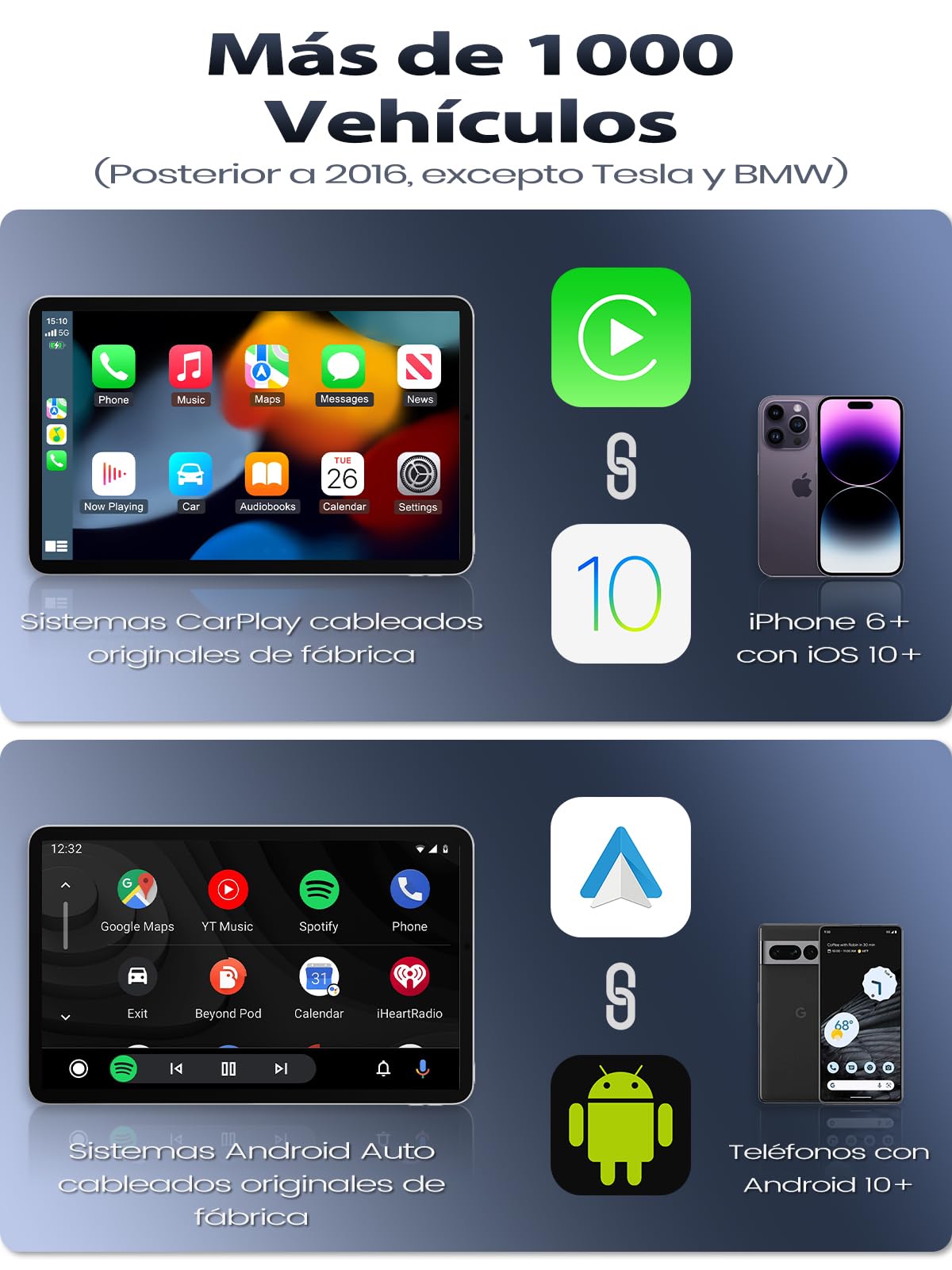 Mini Adaptador CarPlay Inalámbrico y Android Auto Inalambrico, Diseño Fibra de Carbono, USB-A/C Metálico, Sin Latencia, Conexión Estable, Compatible con iPhone iOS 10+ y Android 10+