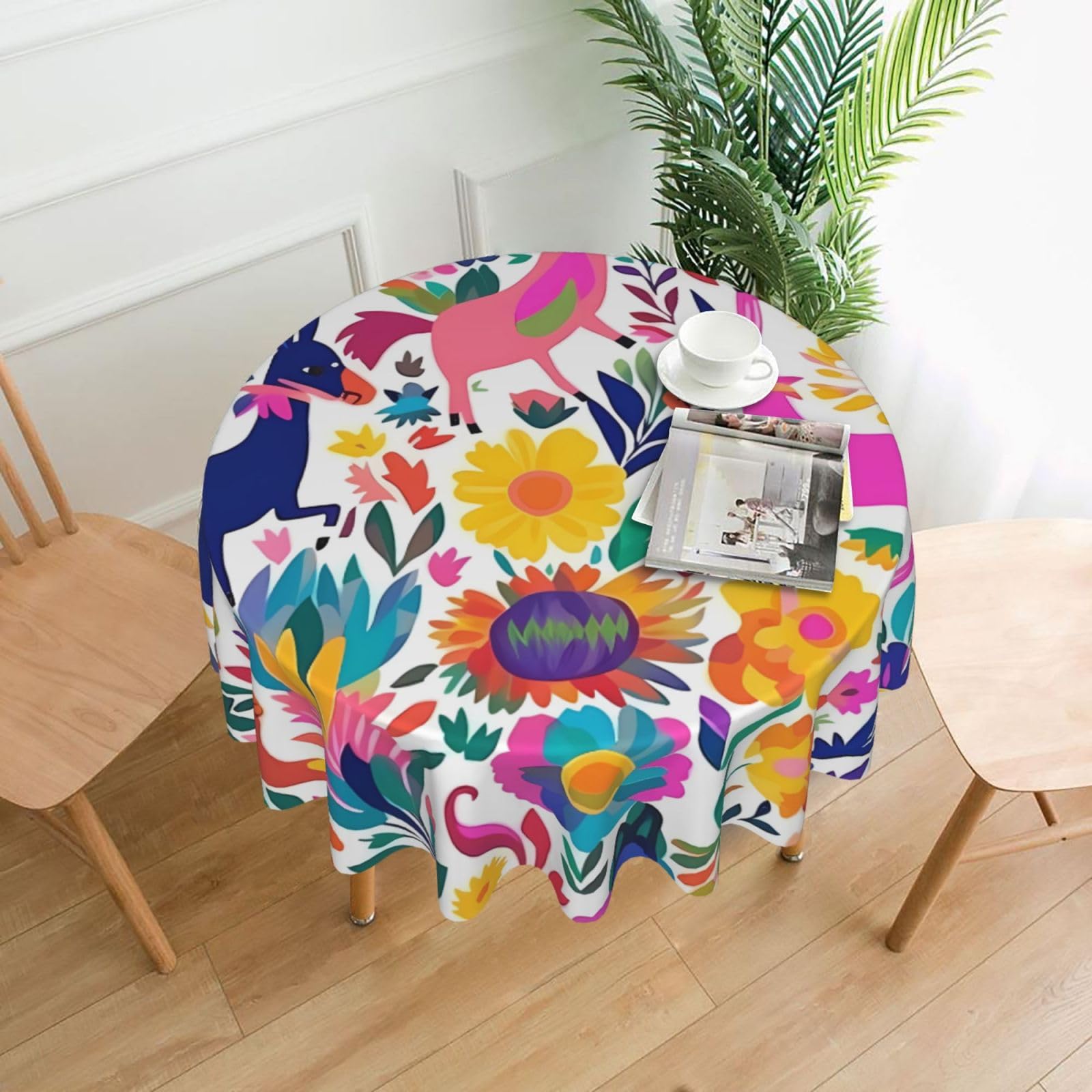Fodpand Black Mexican Otomi Animals Tablecloths For Round Tables 60 Inches - Reusable And Washable Kitchen Table Clothes Decorative Table Cover For Dining Tables, Buffet Parties, Wrinkle Resistant